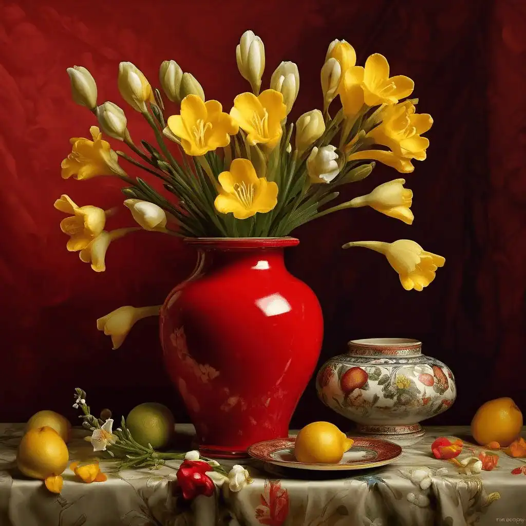 Freesia in a Red Vase – Maria Bozoky